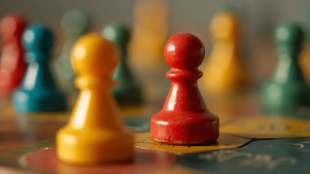Close-up of vintage board game pieces with colorful details.