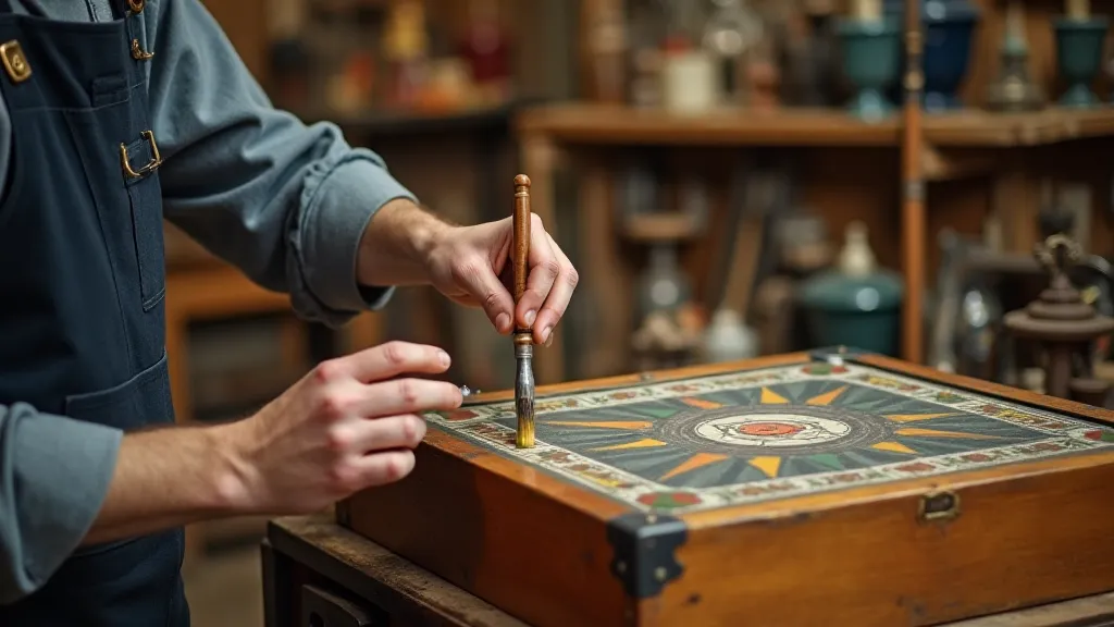 Hands restoring a vintage board game box