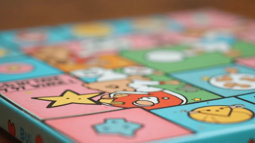 1980s board game box with pink, blue, and green colors.