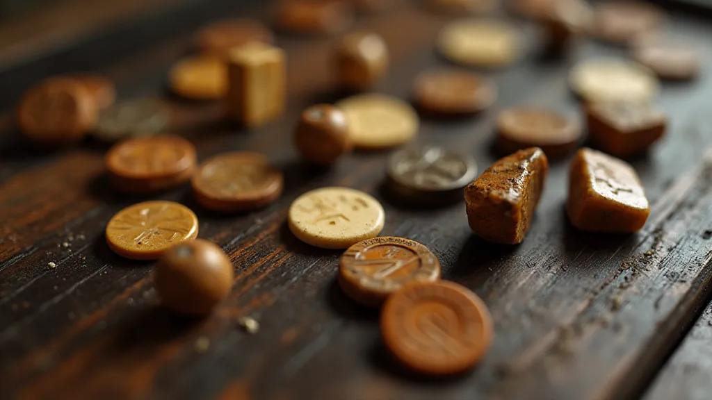 Vintage game tokens scattered on a wooden surface